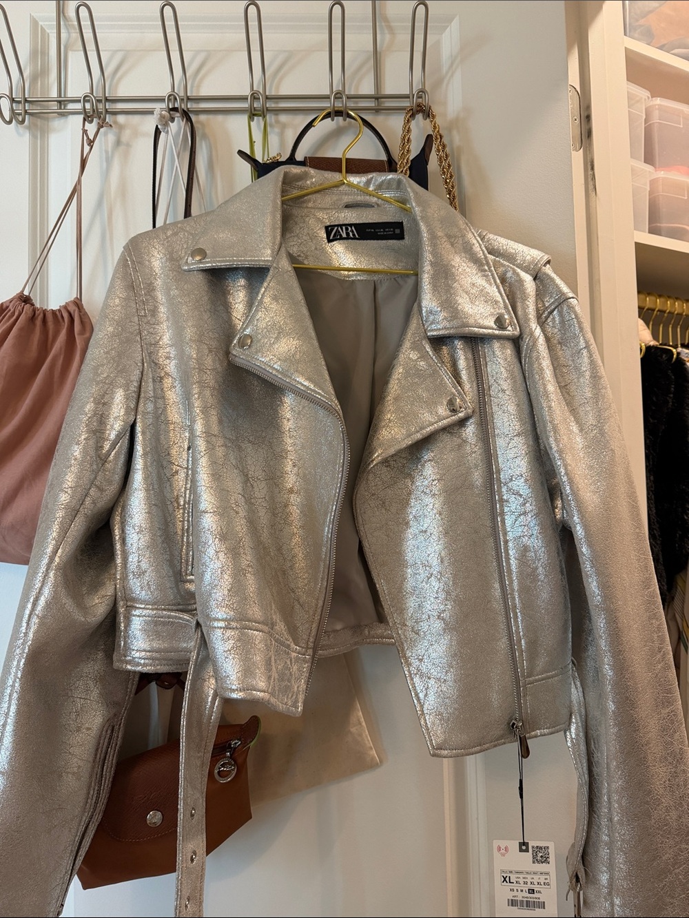 ZARA Silver Metallic Cropped Moto Jacket